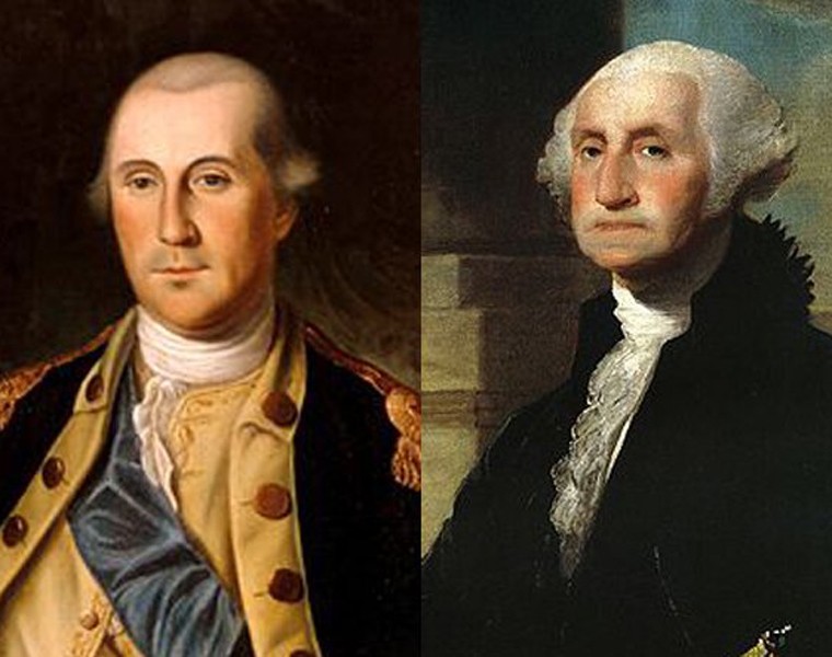 Chỉ trong vòng 10 năm, Tổng thống Mỹ George Washington năm 1776 (bên trái ảnh) còn trẻ trung phong độ. Nhưng đến năm 1797, tóc của vị tổng thống này đã chuyển sang màu trắng.